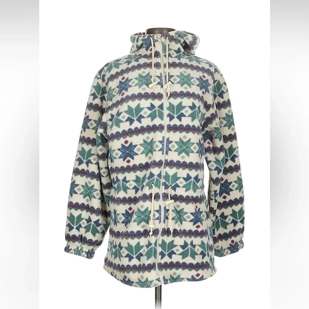 VTG LL Bean Small Aztec Southwestern Fleece Zip Jacket USA Navaho Waist Maine